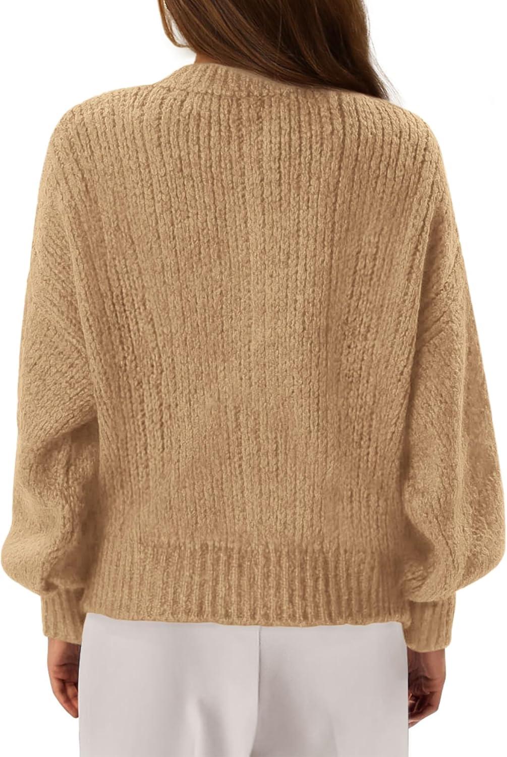imageBTFBM Chunky Cardigan Sweaters for Women Fall Fashion 2025 Button Lantern Long Sleeve Cable Knit Winter Coats OuterwearKhaki