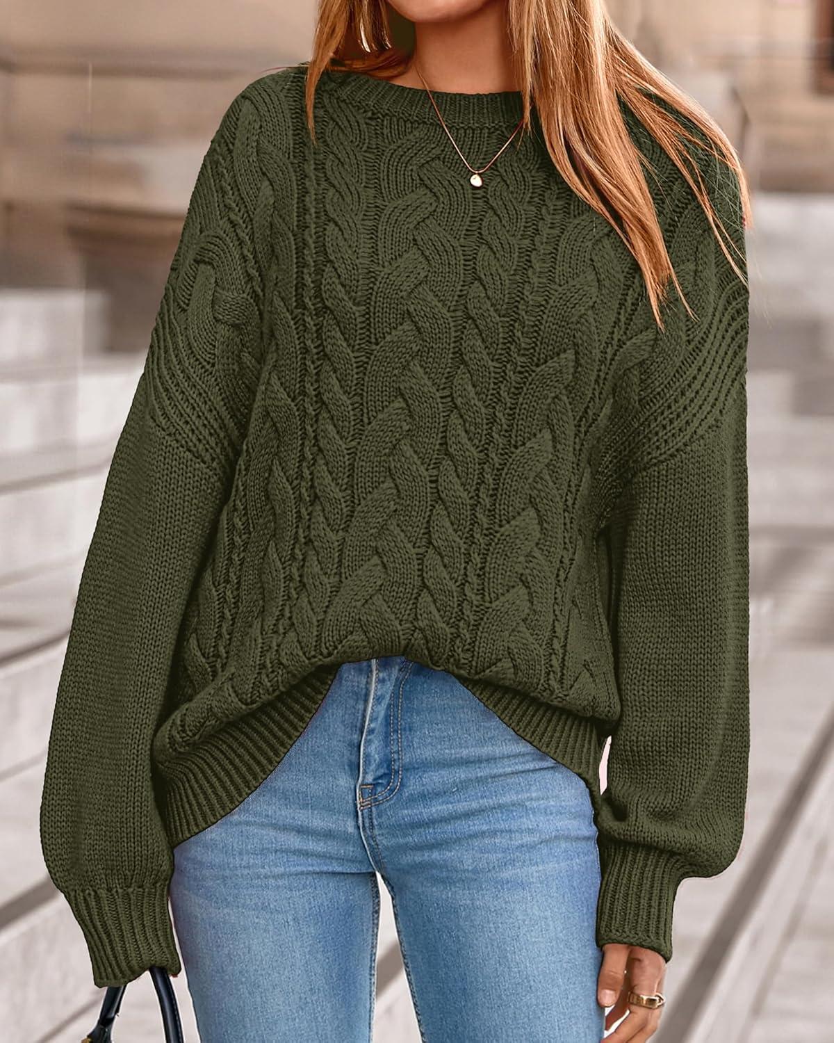 imageBTFBM Fall Sweaters for Women 2025 Cable Knit Sweater Crew Neck Long Lantern Sleeve Loose Chunky Pullover Casual TopsArmy Green