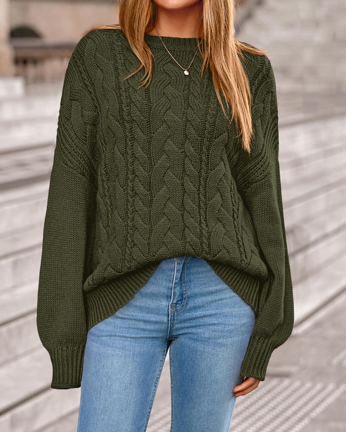 imageBTFBM Fall Sweaters for Women 2025 Cable Knit Sweater Crew Neck Long Lantern Sleeve Loose Chunky Pullover Casual TopsArmy Green