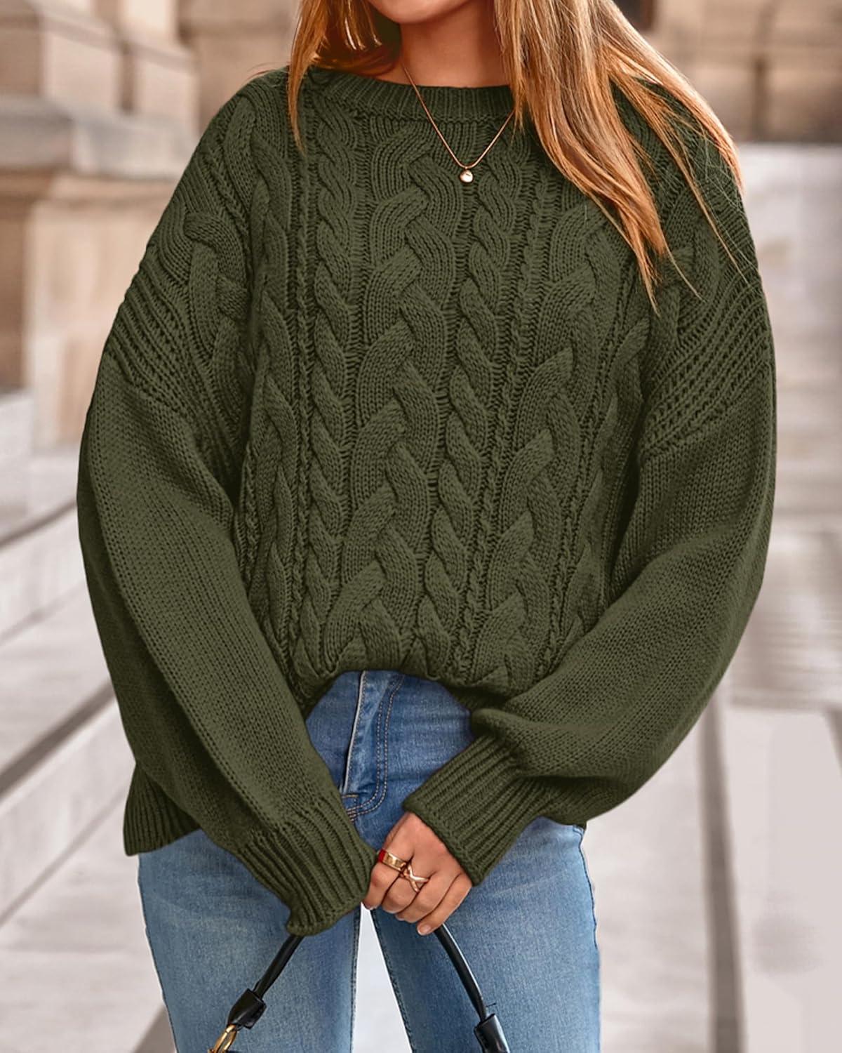 imageBTFBM Fall Sweaters for Women 2025 Cable Knit Sweater Crew Neck Long Lantern Sleeve Loose Chunky Pullover Casual TopsArmy Green