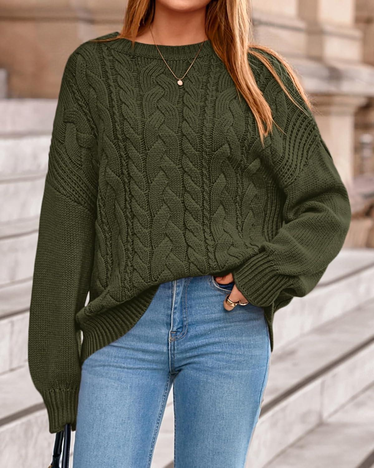 imageBTFBM Fall Sweaters for Women 2025 Cable Knit Sweater Crew Neck Long Lantern Sleeve Loose Chunky Pullover Casual TopsArmy Green