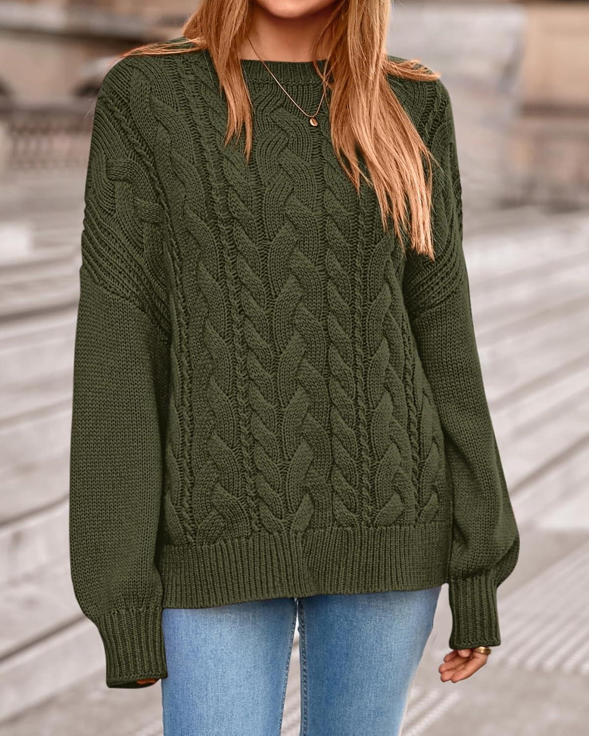 imageBTFBM Fall Sweaters for Women 2025 Cable Knit Sweater Crew Neck Long Lantern Sleeve Loose Chunky Pullover Casual TopsArmy Green