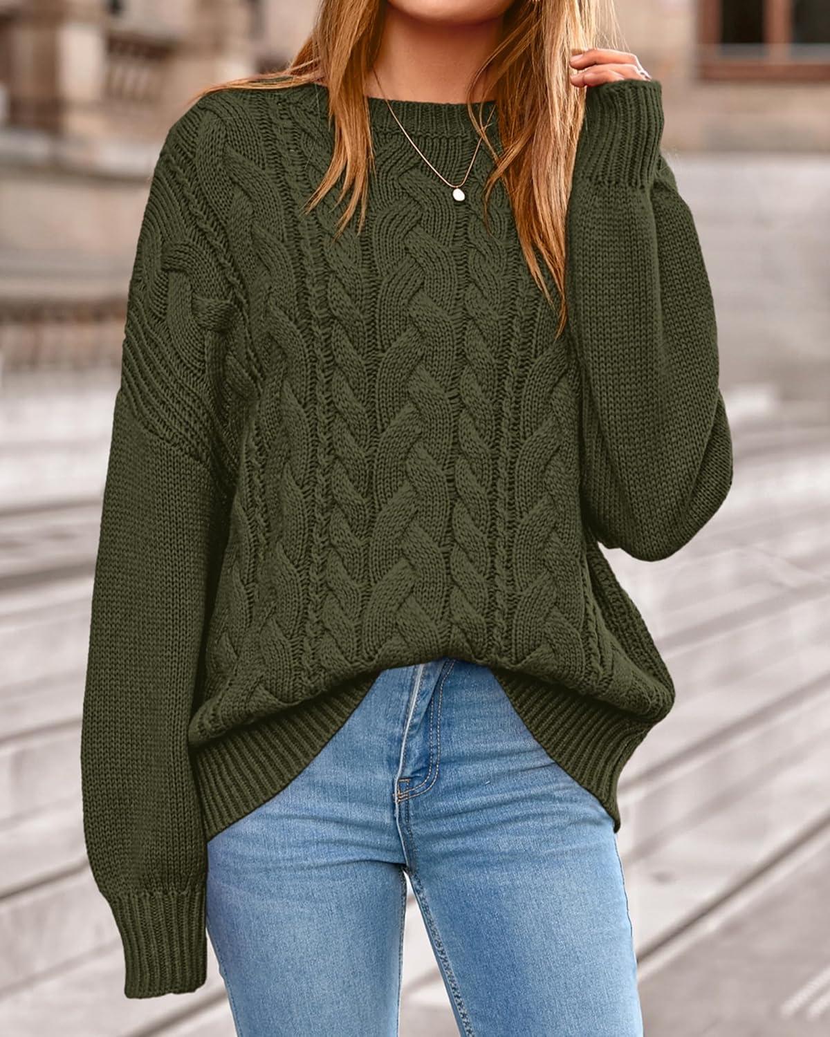 imageBTFBM Fall Sweaters for Women 2025 Cable Knit Sweater Crew Neck Long Lantern Sleeve Loose Chunky Pullover Casual TopsArmy Green