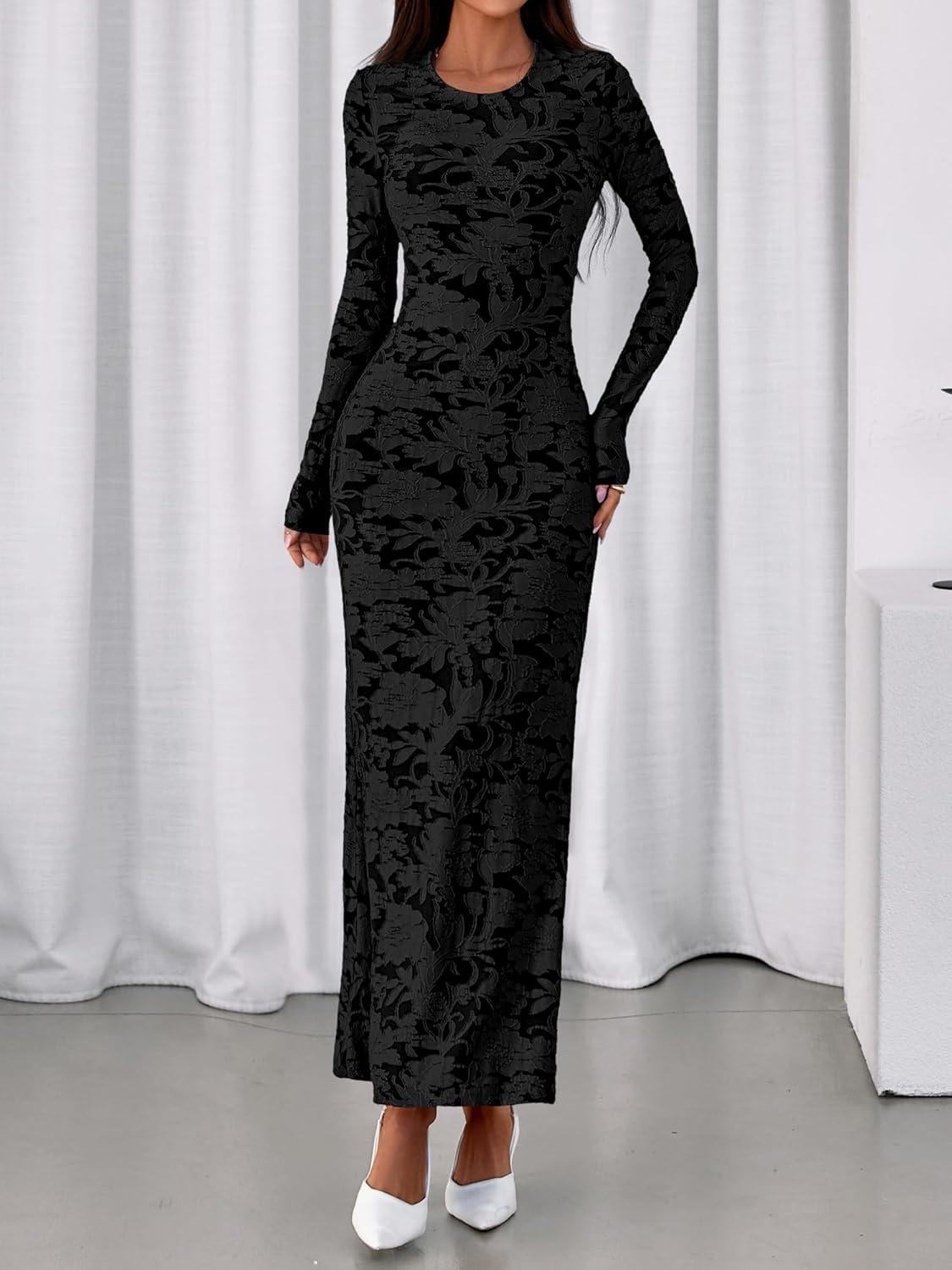 imageBTFBM Wedding Guest Dresses for Women 2025 Fall Elegant Floral Lace Ruched Long Sleeve Bodycon Cocktail Party Maxi DressBlack