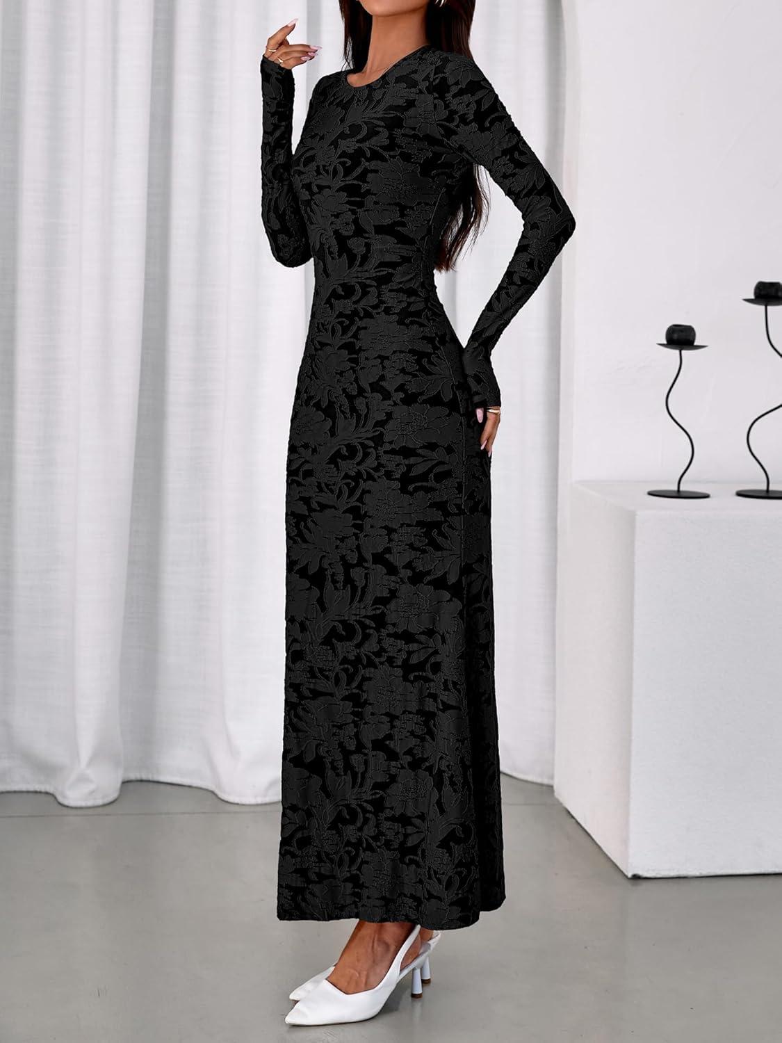 imageBTFBM Wedding Guest Dresses for Women 2025 Fall Elegant Floral Lace Ruched Long Sleeve Bodycon Cocktail Party Maxi DressBlack