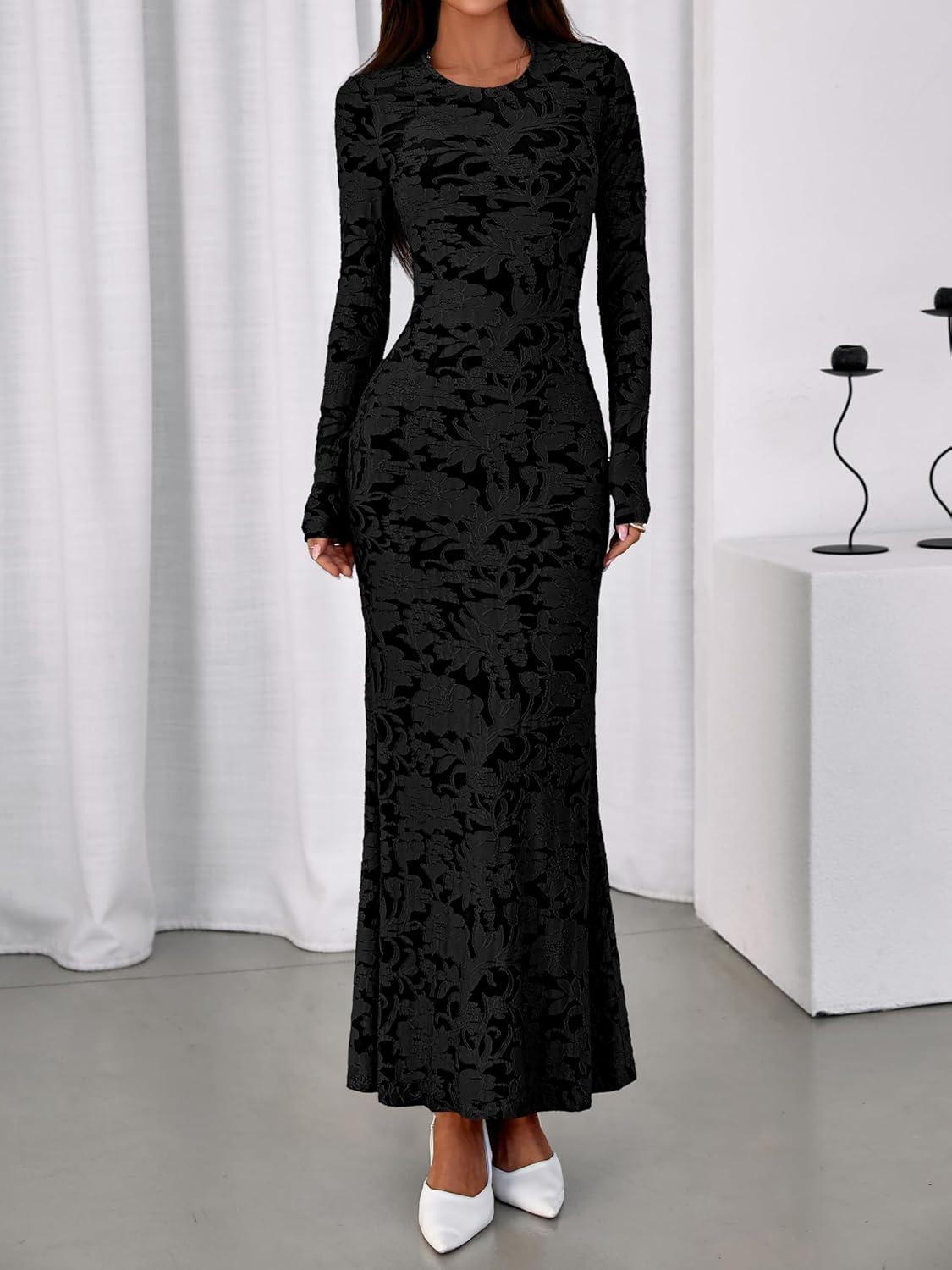 imageBTFBM Wedding Guest Dresses for Women 2025 Fall Elegant Floral Lace Ruched Long Sleeve Bodycon Cocktail Party Maxi DressBlack