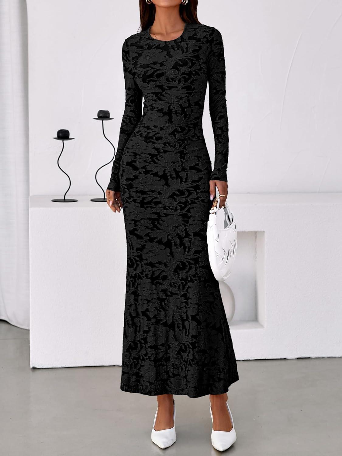 imageBTFBM Wedding Guest Dresses for Women 2025 Fall Elegant Floral Lace Ruched Long Sleeve Bodycon Cocktail Party Maxi DressBlack