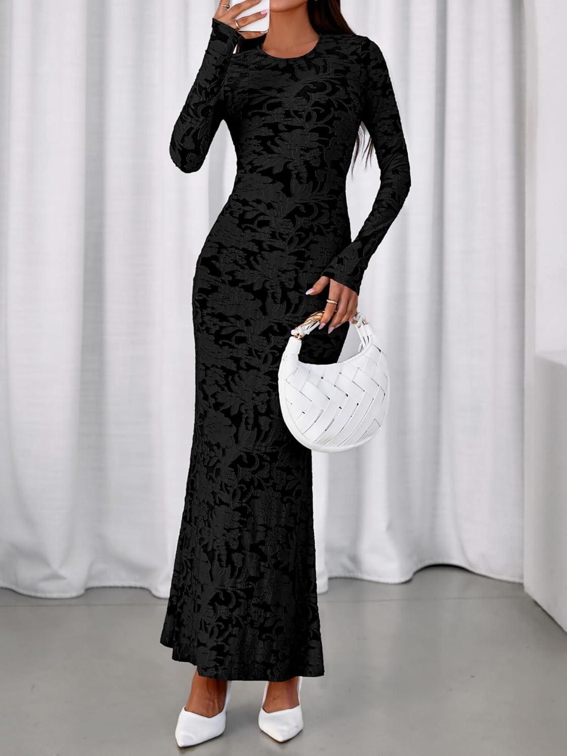 imageBTFBM Wedding Guest Dresses for Women 2025 Fall Elegant Floral Lace Ruched Long Sleeve Bodycon Cocktail Party Maxi DressBlack