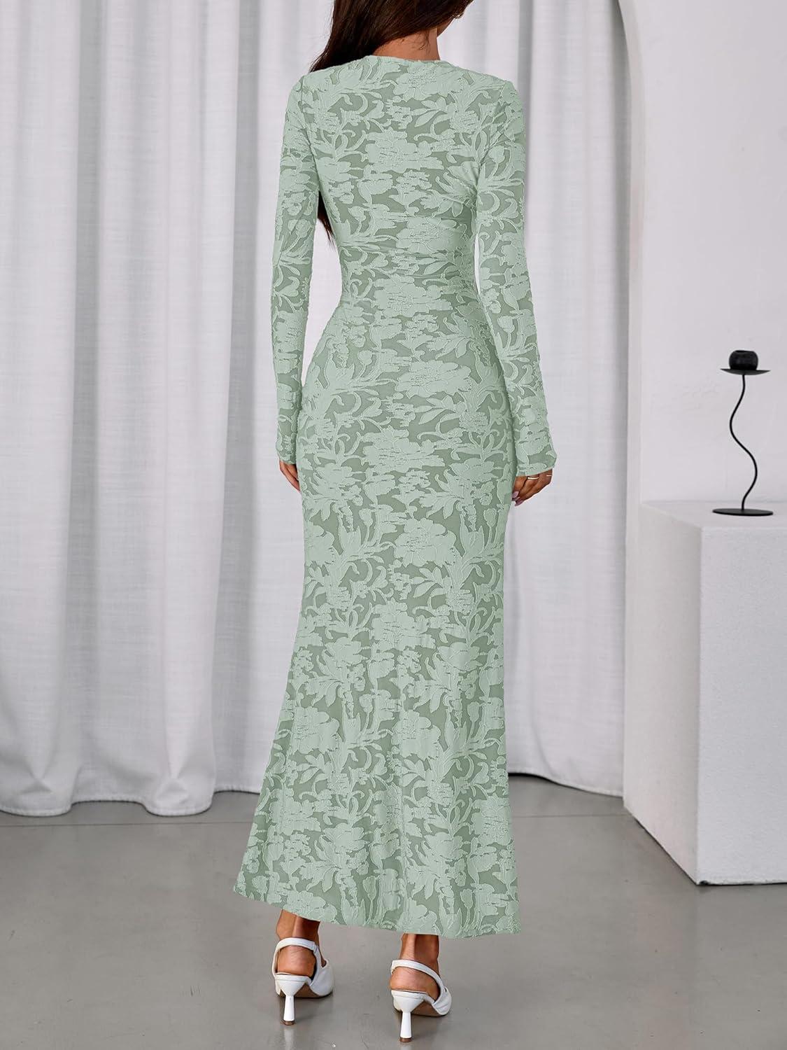 imageBTFBM Wedding Guest Dresses for Women 2025 Fall Elegant Floral Lace Ruched Long Sleeve Bodycon Cocktail Party Maxi DressLight Green