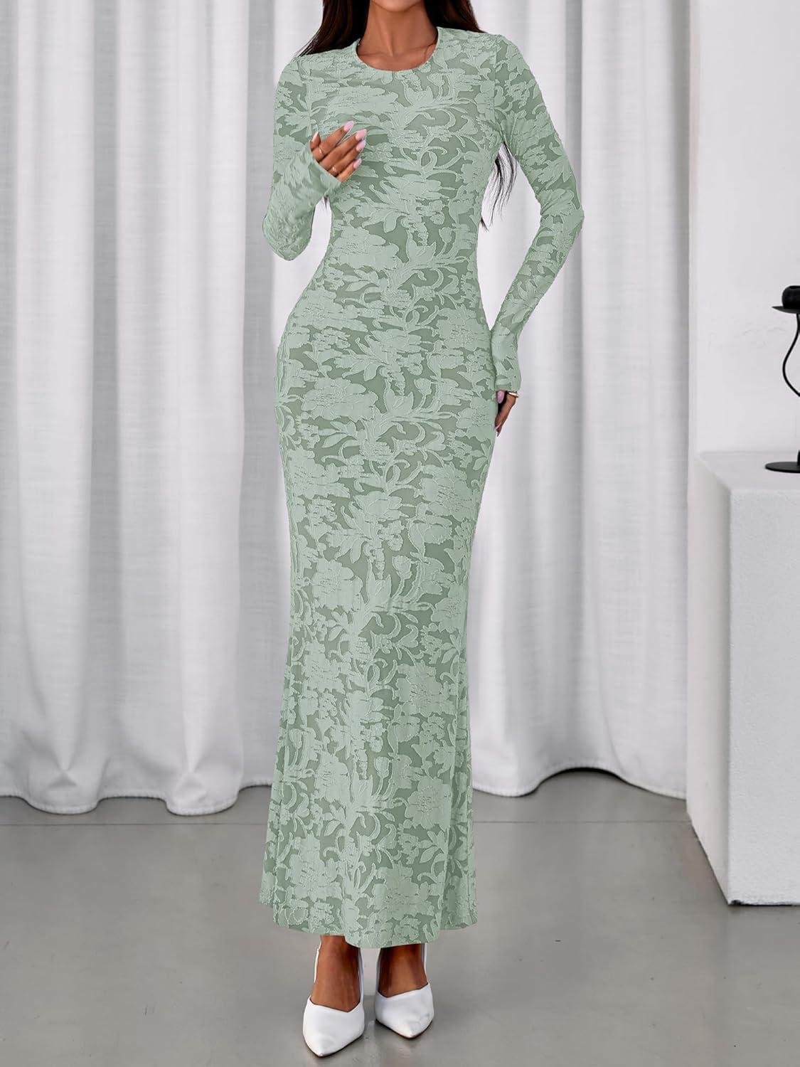 imageBTFBM Wedding Guest Dresses for Women 2025 Fall Elegant Floral Lace Ruched Long Sleeve Bodycon Cocktail Party Maxi DressLight Green