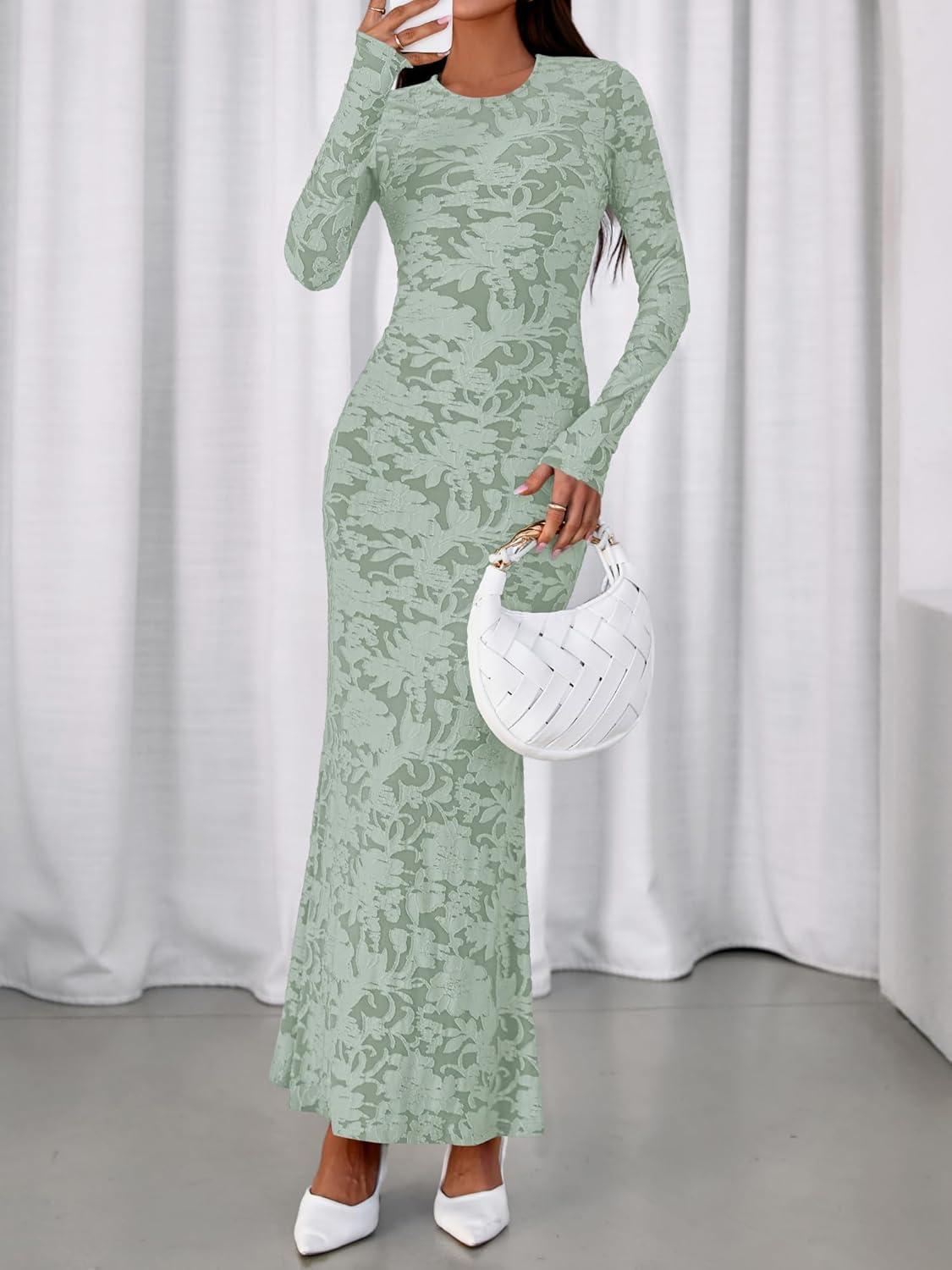 imageBTFBM Wedding Guest Dresses for Women 2025 Fall Elegant Floral Lace Ruched Long Sleeve Bodycon Cocktail Party Maxi DressLight Green