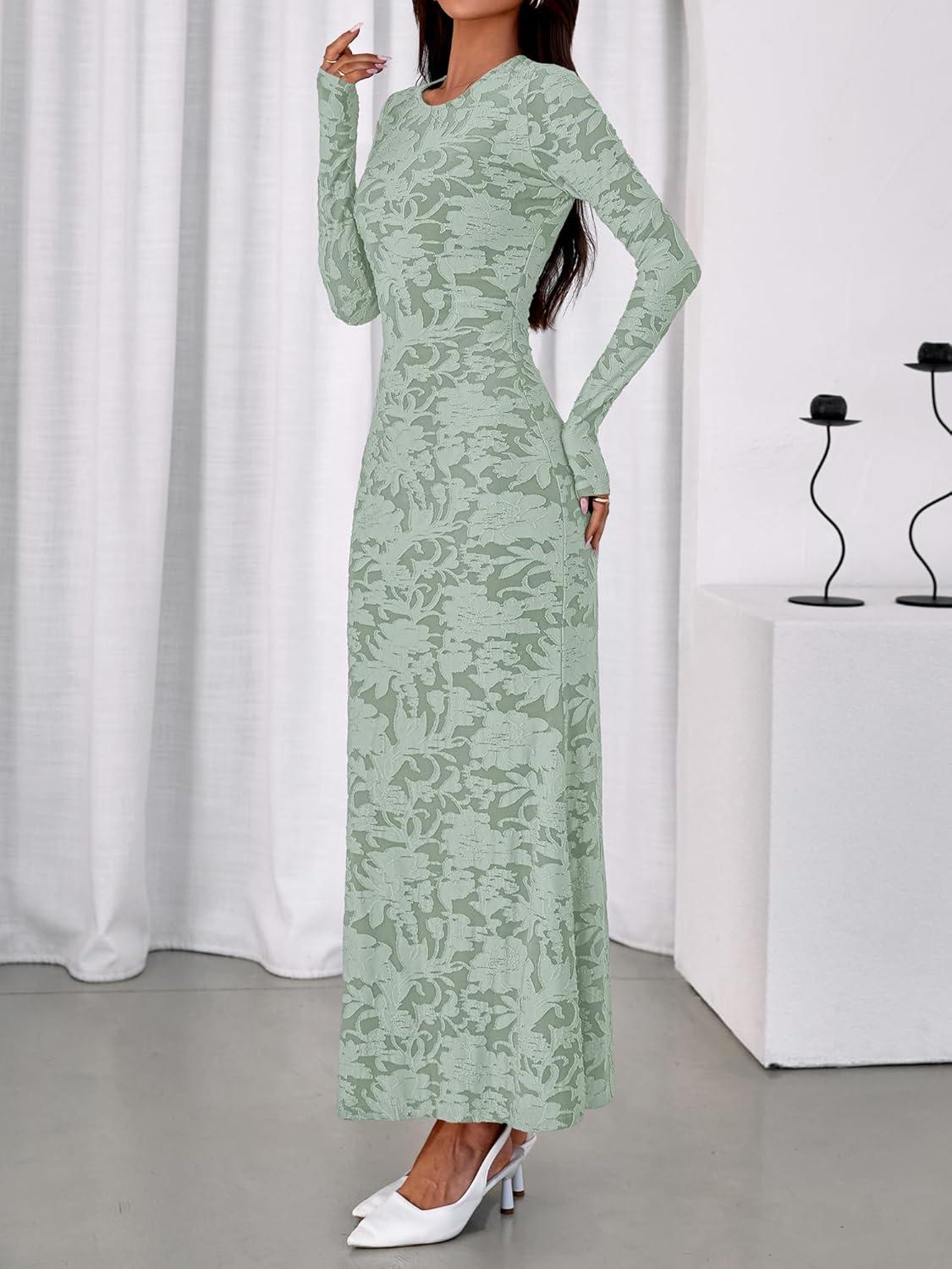 imageBTFBM Wedding Guest Dresses for Women 2025 Fall Elegant Floral Lace Ruched Long Sleeve Bodycon Cocktail Party Maxi DressLight Green