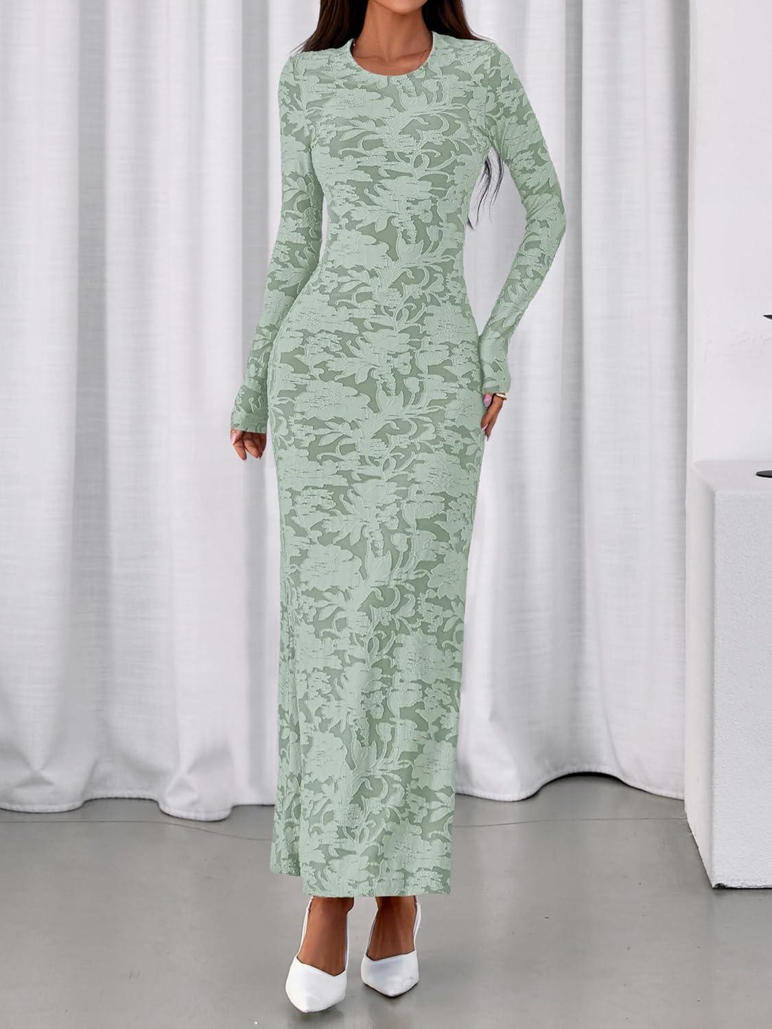 imageBTFBM Wedding Guest Dresses for Women 2025 Fall Elegant Floral Lace Ruched Long Sleeve Bodycon Cocktail Party Maxi DressLight Green