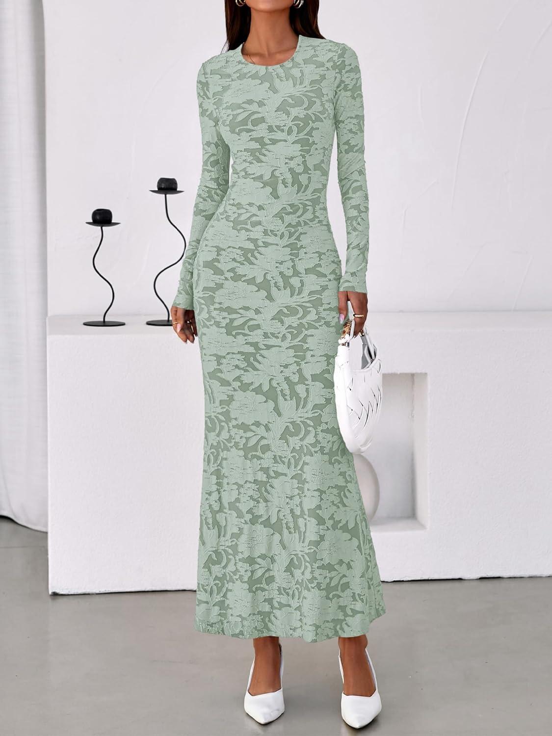 imageBTFBM Wedding Guest Dresses for Women 2025 Fall Elegant Floral Lace Ruched Long Sleeve Bodycon Cocktail Party Maxi DressLight Green