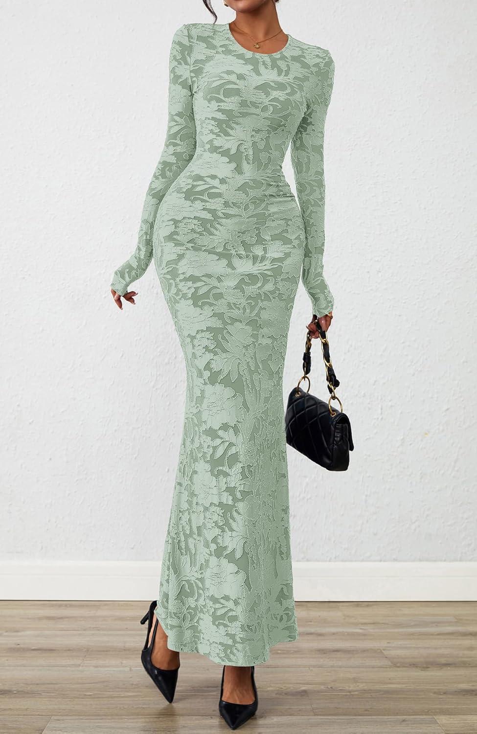 imageBTFBM Wedding Guest Dresses for Women 2025 Fall Elegant Floral Lace Ruched Long Sleeve Bodycon Cocktail Party Maxi DressLight Green