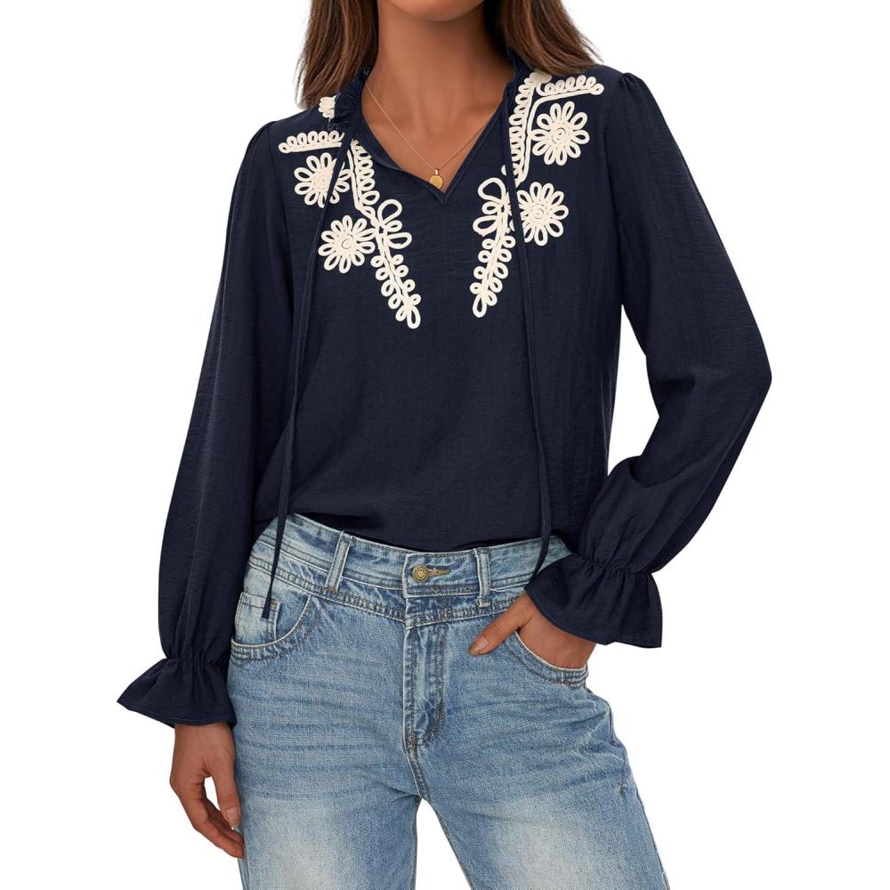 imageBTFBM Boho Tops for Women Fall 2025 Casual V Neck Ruffle Long Sleeve Shirts Floral Embroidered Blouses Vacation OutfitsNavy