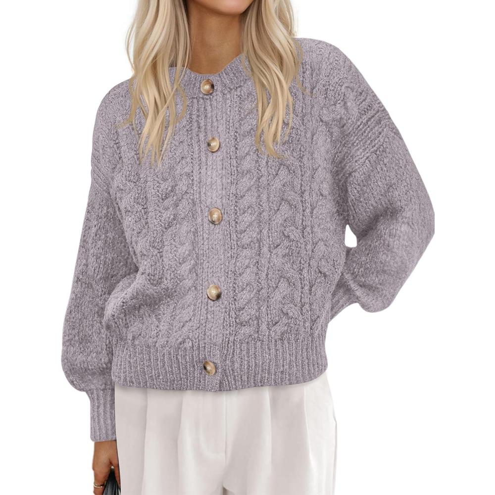 imageBTFBM Chunky Cardigan Sweaters for Women Fall Fashion 2025 Button Lantern Long Sleeve Cable Knit Winter Coats OuterwearGrey Purple