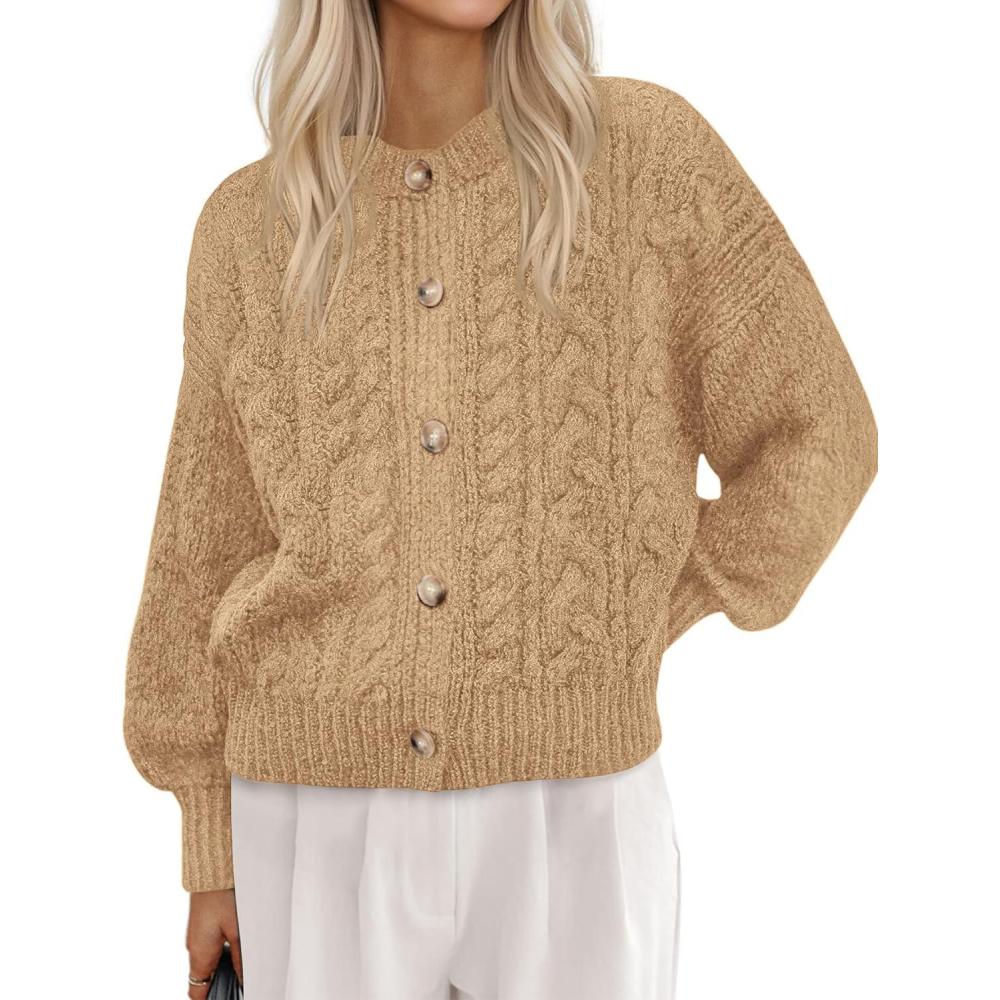 imageBTFBM Chunky Cardigan Sweaters for Women Fall Fashion 2025 Button Lantern Long Sleeve Cable Knit Winter Coats OuterwearKhaki