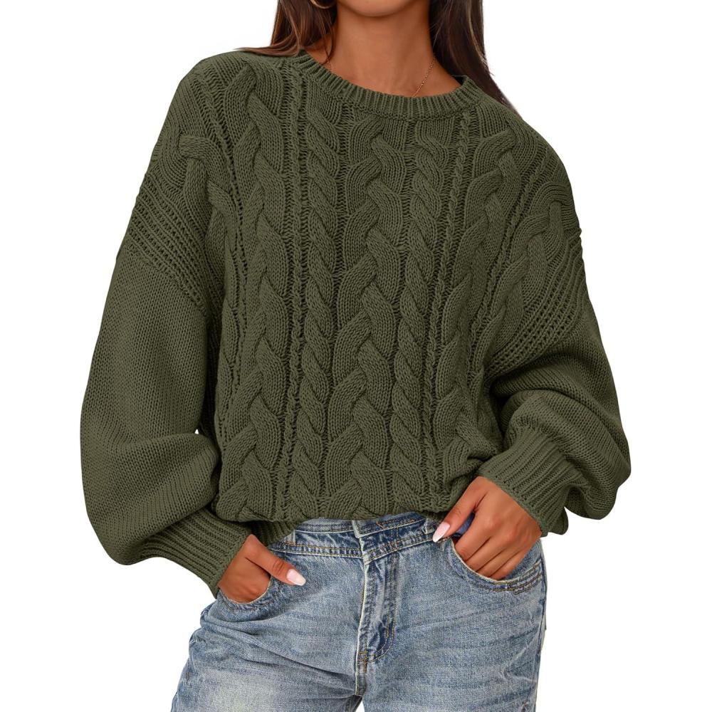 imageBTFBM Fall Sweaters for Women 2025 Cable Knit Sweater Crew Neck Long Lantern Sleeve Loose Chunky Pullover Casual TopsArmy Green