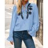 imageBTFBM Boho Tops for Women Fall 2025 Casual V Neck Ruffle Long Sleeve Shirts Floral Embroidered Blouses Vacation OutfitsBlue