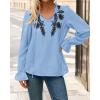 imageBTFBM Boho Tops for Women Fall 2025 Casual V Neck Ruffle Long Sleeve Shirts Floral Embroidered Blouses Vacation OutfitsBlue