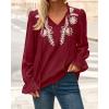 imageBTFBM Boho Tops for Women Fall 2025 Casual V Neck Ruffle Long Sleeve Shirts Floral Embroidered Blouses Vacation OutfitsBurgundy