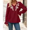 imageBTFBM Boho Tops for Women Fall 2025 Casual V Neck Ruffle Long Sleeve Shirts Floral Embroidered Blouses Vacation OutfitsBurgundy