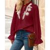 imageBTFBM Boho Tops for Women Fall 2025 Casual V Neck Ruffle Long Sleeve Shirts Floral Embroidered Blouses Vacation OutfitsBurgundy