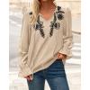 imageBTFBM Boho Tops for Women Fall 2025 Casual V Neck Ruffle Long Sleeve Shirts Floral Embroidered Blouses Vacation OutfitsKhaki