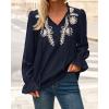imageBTFBM Boho Tops for Women Fall 2025 Casual V Neck Ruffle Long Sleeve Shirts Floral Embroidered Blouses Vacation OutfitsNavy