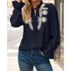 imageBTFBM Boho Tops for Women Fall 2025 Casual V Neck Ruffle Long Sleeve Shirts Floral Embroidered Blouses Vacation OutfitsNavy
