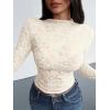 imageBTFBM Mesh Long Sleeve Tops for Women Lace Sexy Sheer See Through Crew Neck Floral Shirt Fall Blouses 2025 Party Club OutfitsBeige