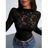 imageBTFBM Mesh Long Sleeve Tops for Women Lace Sexy Sheer See Through Crew Neck Floral Shirt Fall Blouses 2025 Party Club OutfitsBlack