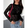 imageBTFBM Mesh Long Sleeve Tops for Women Lace Sexy Sheer See Through Crew Neck Floral Shirt Fall Blouses 2025 Party Club OutfitsBlack