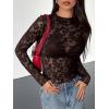 imageBTFBM Mesh Long Sleeve Tops for Women Lace Sexy Sheer See Through Crew Neck Floral Shirt Fall Blouses 2025 Party Club OutfitsBrown