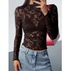 imageBTFBM Mesh Long Sleeve Tops for Women Lace Sexy Sheer See Through Crew Neck Floral Shirt Fall Blouses 2025 Party Club OutfitsBrown