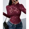 imageBTFBM Mesh Long Sleeve Tops for Women Lace Sexy Sheer See Through Crew Neck Floral Shirt Fall Blouses 2025 Party Club OutfitsBurgundy
