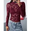 imageBTFBM Mesh Long Sleeve Tops for Women Lace Sexy Sheer See Through Crew Neck Floral Shirt Fall Blouses 2025 Party Club OutfitsBurgundy