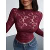 imageBTFBM Mesh Long Sleeve Tops for Women Lace Sexy Sheer See Through Crew Neck Floral Shirt Fall Blouses 2025 Party Club OutfitsBurgundy