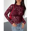 imageBTFBM Mesh Long Sleeve Tops for Women Lace Sexy Sheer See Through Crew Neck Floral Shirt Fall Blouses 2025 Party Club OutfitsBurgundy