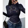 imageBTFBM Mesh Long Sleeve Tops for Women Lace Sexy Sheer See Through Crew Neck Floral Shirt Fall Blouses 2025 Party Club OutfitsNavy Blue