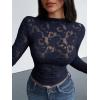 imageBTFBM Mesh Long Sleeve Tops for Women Lace Sexy Sheer See Through Crew Neck Floral Shirt Fall Blouses 2025 Party Club OutfitsNavy Blue