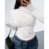 imageBTFBM Mesh Long Sleeve Tops for Women Lace Sexy Sheer See Through Crew Neck Floral Shirt Fall Blouses 2025 Party Club OutfitsWhite
