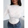 imageBTFBM Mesh Long Sleeve Tops for Women Lace Sexy Sheer See Through Crew Neck Floral Shirt Fall Blouses 2025 Party Club OutfitsWhite