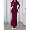 imageBTFBM Wedding Guest Dresses for Women 2025 Fall Elegant Floral Lace Ruched Long Sleeve Bodycon Cocktail Party Maxi DressBurgundy