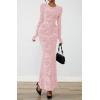 imageBTFBM Wedding Guest Dresses for Women 2025 Fall Elegant Floral Lace Ruched Long Sleeve Bodycon Cocktail Party Maxi DressPink