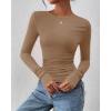 imageBTFBM Womens Tops Dressy Casual Workout Outfits Fall 2025 Long Sleeve Shirts Boat Neck Ruched Bodycon Going Out TopKhaki