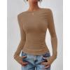 imageBTFBM Womens Tops Dressy Casual Workout Outfits Fall 2025 Long Sleeve Shirts Boat Neck Ruched Bodycon Going Out TopKhaki