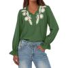 imageBTFBM Boho Tops for Women Fall 2025 Casual V Neck Ruffle Long Sleeve Shirts Floral Embroidered Blouses Vacation OutfitsGreen