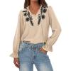 imageBTFBM Boho Tops for Women Fall 2025 Casual V Neck Ruffle Long Sleeve Shirts Floral Embroidered Blouses Vacation OutfitsKhaki